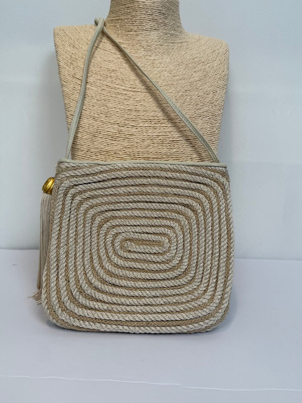 Sharif Vintage Rope Cord Crossbody Bag Ivory Cream Tassel Made USA 1980s